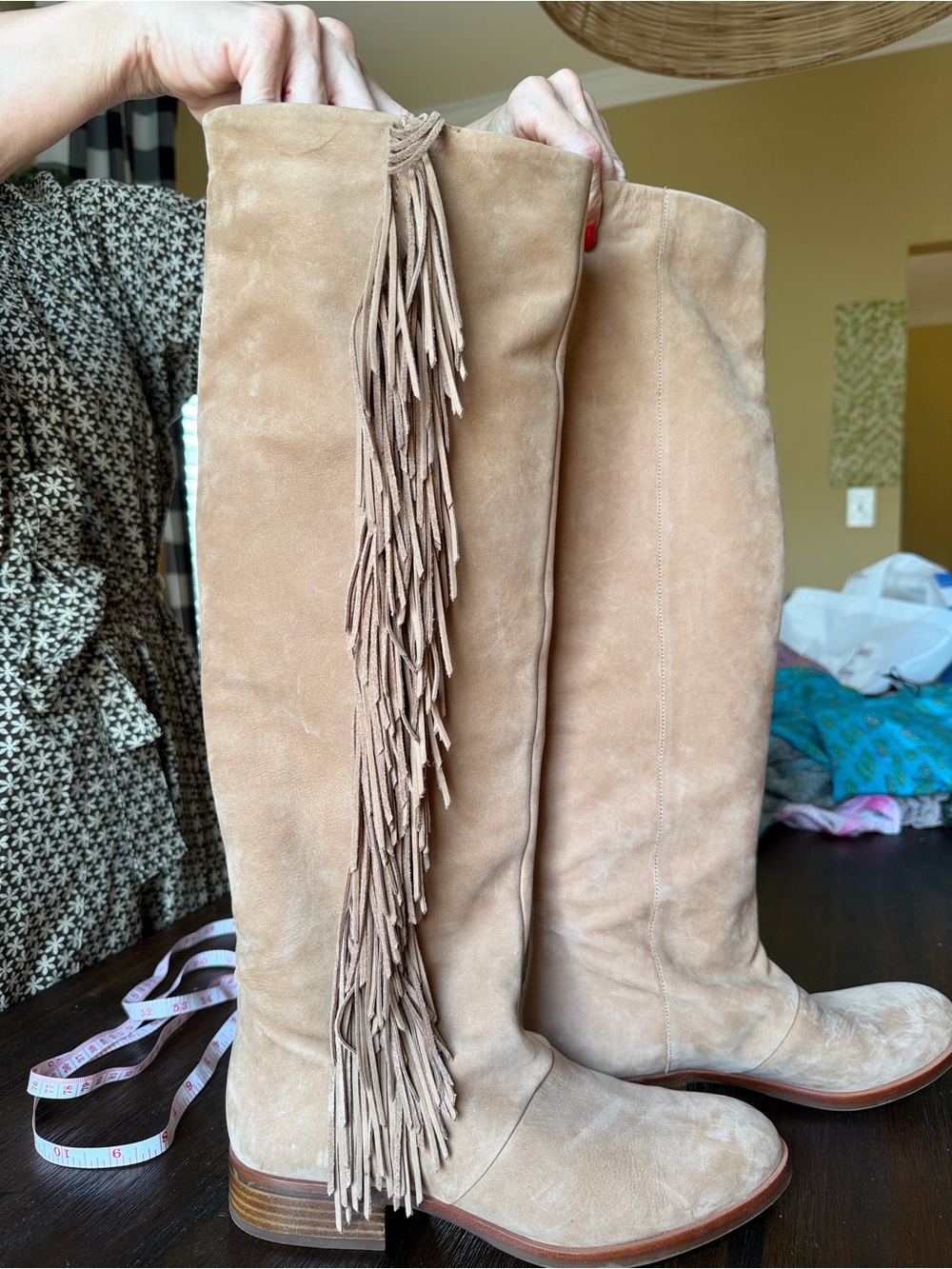 Sam Edelman Tan Suede Fringe Knee-High Boots